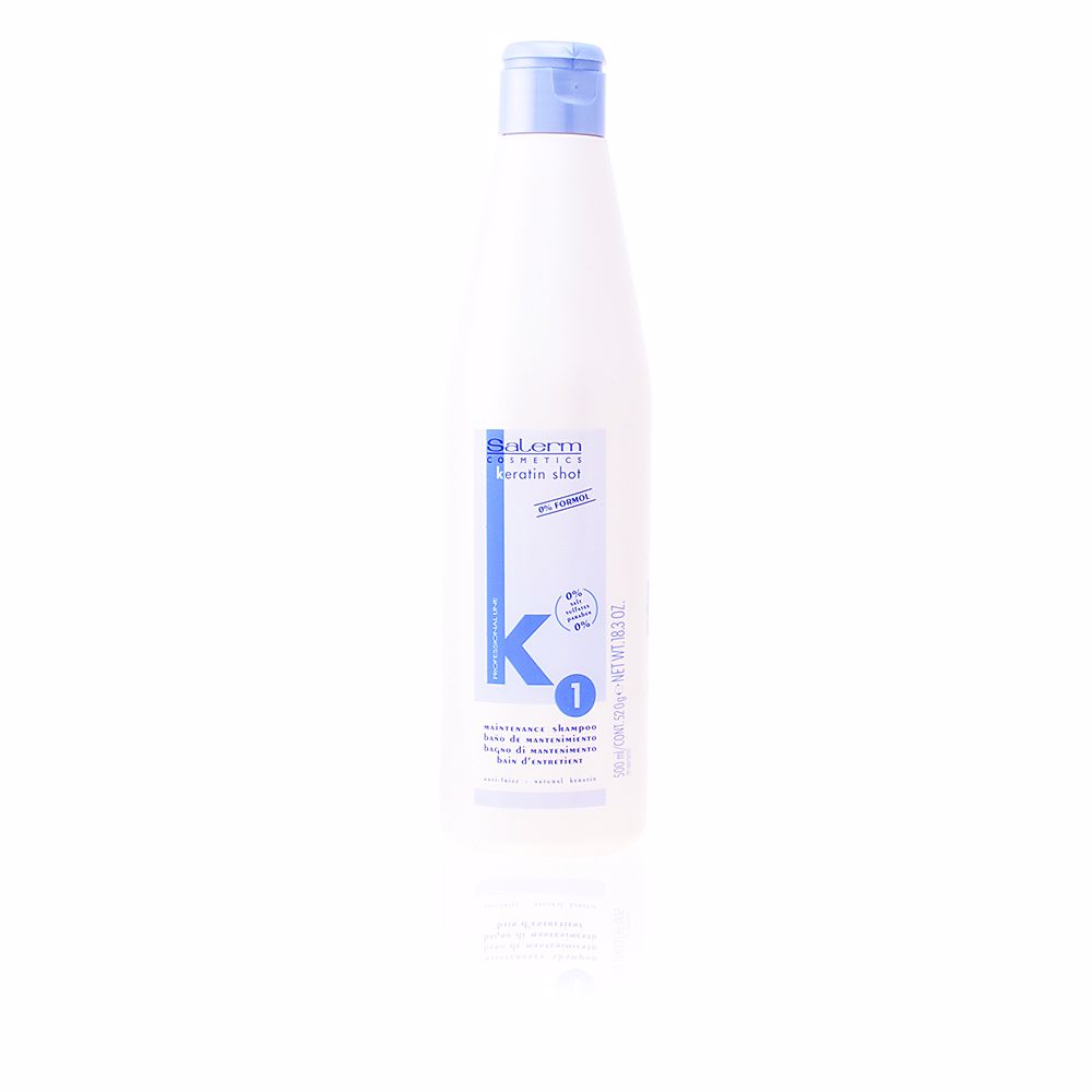 SalermKeratinShotMaintenanceShampoo500ml Bottle of Salerm Keratin Shot Maintenance Shampoo by Salerm, a liquid shampoo indicated for post-process straightening maintenance.