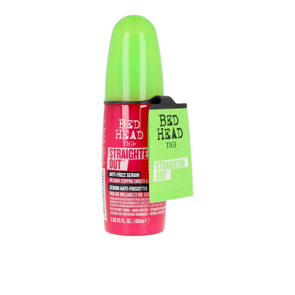 TigiBedHeadStraightenOutAnti-FrizzSerum100ml Bottle of Tigi Bed Head Straighten Out Anti-Frizz Serum by Tigi, a hair serum indicated for moisturizing and heat protection.