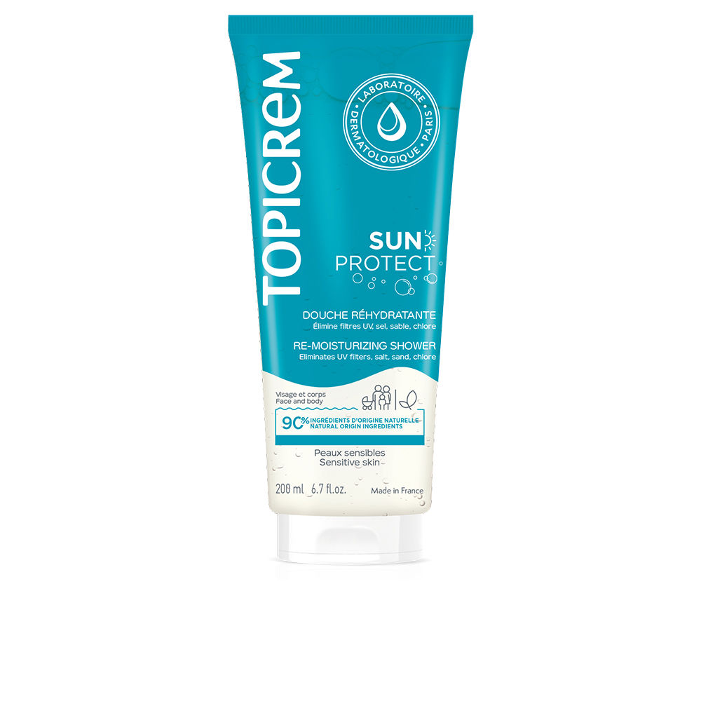 TopicremSunProtectRe-MoisturizingShowerGel200ml Bottle of Topicrem Sun Protect Re-Moisturizing Shower Gel by Topicrem, a shower gel indicated for cleansing sensitive skin.