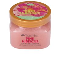 Jar  of  Tree  Hut  Pink  Hibiscus  Shea  Sugar  Scrub  by  Tree  Hut,  a  sugar  scrub  indicated  for  removing  dead  skin  cells.