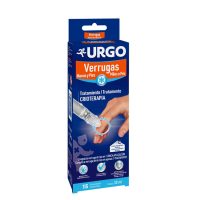 Product  container  of  Warts  Cryotherapy  by  Urgo,  a  cryotherapy  treatment  indicated  for  common  warts  on  hands  and  feet.