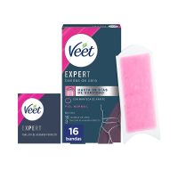 Box  of  Veet  Expert  Bikini  Depilatory  Wax  Strips  For  Normal  Skin  by  Veet,  a  wax  strip  indicated  for  bikini  line  depilation.