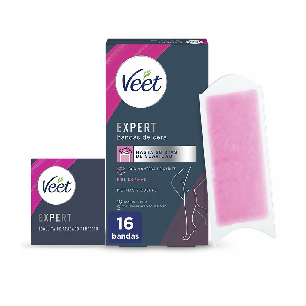 VeetExpertBodyWaxStripsNormalSkinx16 Box of Veet Expert Body Wax Strips Normal Skin by Veet, a wax strip indicated for effective hair removal from the root.