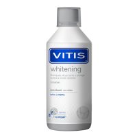 Bottle  of  Vitis  Whitening  Mouthwash  by  Vitis,  a  liquid  mouthwash  indicated  for  removing  stains  and  whitening  teeth.