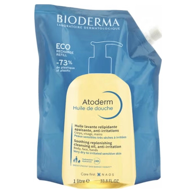 BiodermaAtodermHuileDoucheEcorefill1000ml Bottle of Bioderma Atoderm Huile Douche Ecorefill by Bioderma, a shower oil indicated for nourishing and soothing irritated skin.