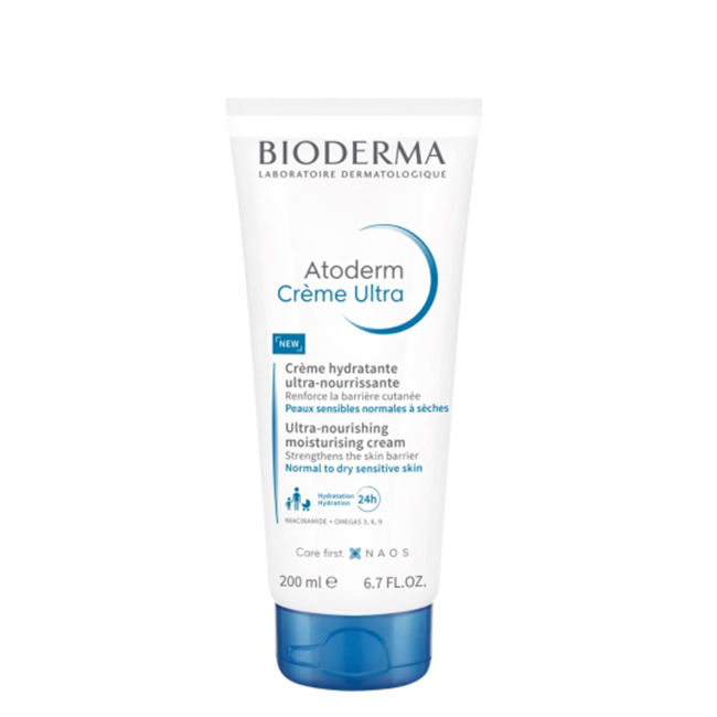 BiodermaAtodermUltraNourishingMoisturizingCream200ml Tube of Bioderma Atoderm Ultra Nourishing Moisturizing Cream by Bioderma, a nourishing cream indicated for fortifying the skin barrier.