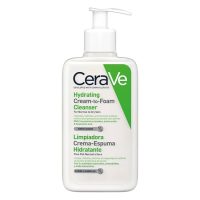 Bottle  of  Cerave  Hydrating  Cream-to-Foam  Cleanser  by  Cerave,  a  cream  cleanser  indicated  for  removing  impurities  and  moisturizing  skin.