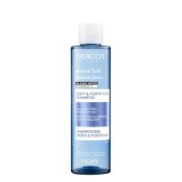 Bottle  of  Dercos  Mineral  Soft  and  Fortifying  Shampoo  by  Vichy,  a  shampoo  indicated  for  cleansing  hair  and  balancing  the  scalp.