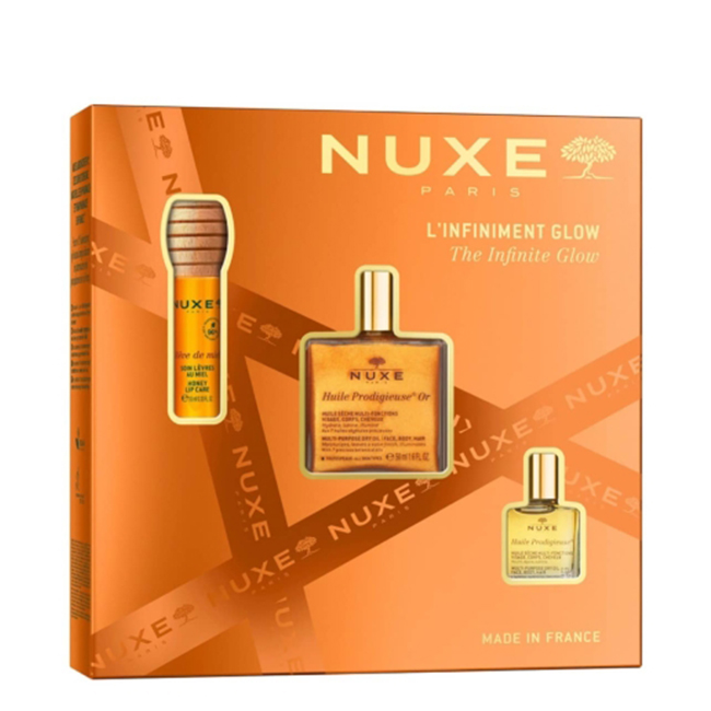 Nuxe The Infinite Glow Set Box of Nuxe The Infinite Glow Set by Nuxe, a multi-product kit indicated for nourishing and illuminating the skin and lips.