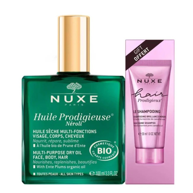 NuxeProdigieuxNéroliwithHairProdigieuxShampoo30ml Box of Nuxe Prodigieux Néroli with Hair Prodigieux Shampoo by Nuxe, a set indicated for nourishing skin and illuminating hair.