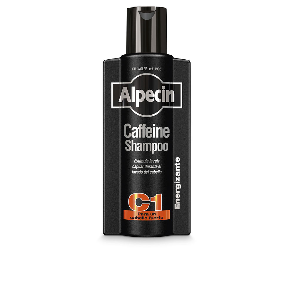 Bottle  of  Alpecin  Black  Edition  Caffeine  Anti-Hair  Loss  Shampoo  C1  by  Alpecin,  a  shampoo  indicated  for  strengthening  hair  roots.