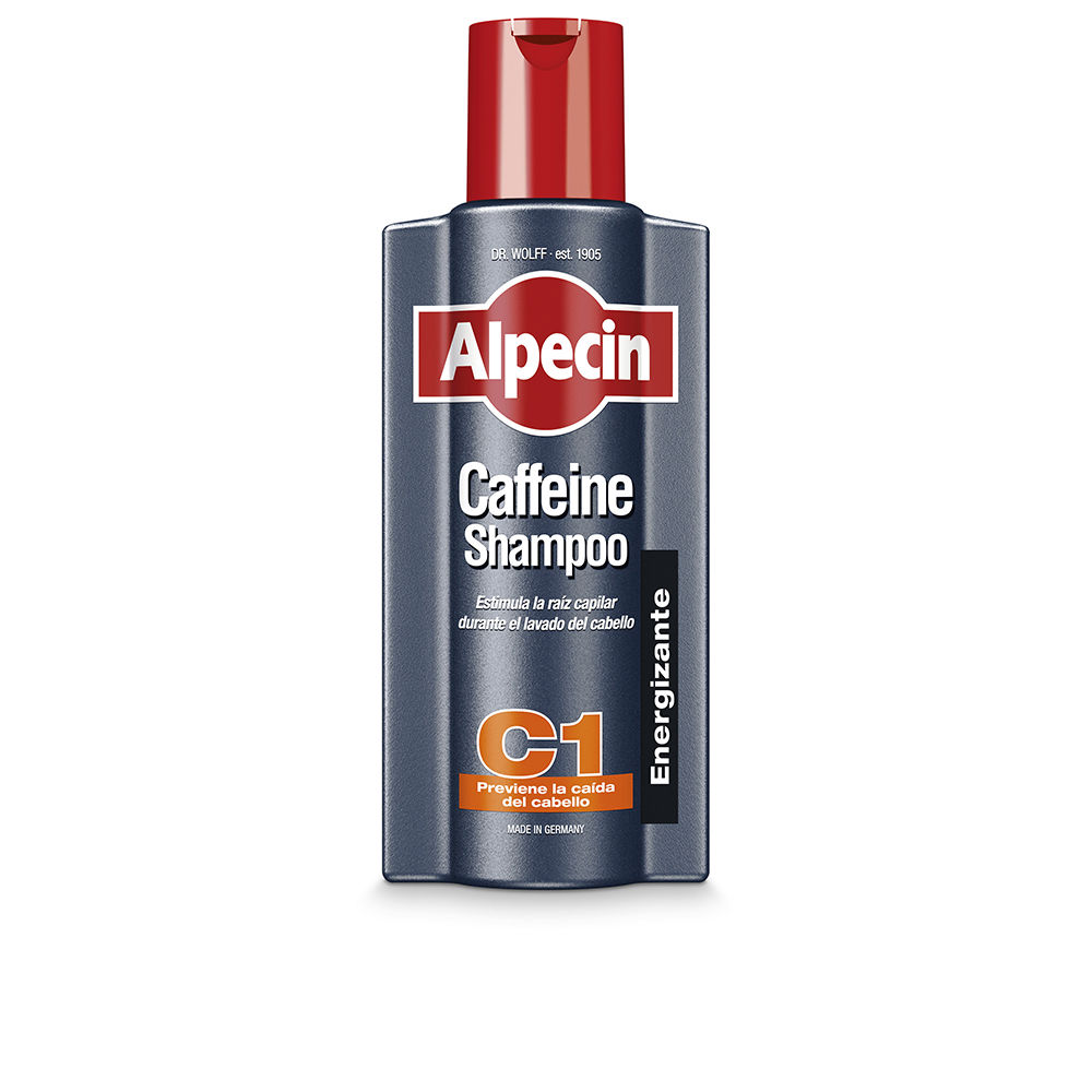 Bottle  of  Alpecin  Caffeine  Anti-Hair  Loss  Shampoo  C1  by  Alpecin,  a  shampoo  indicated  for  strengthening  hair  roots  in  men.