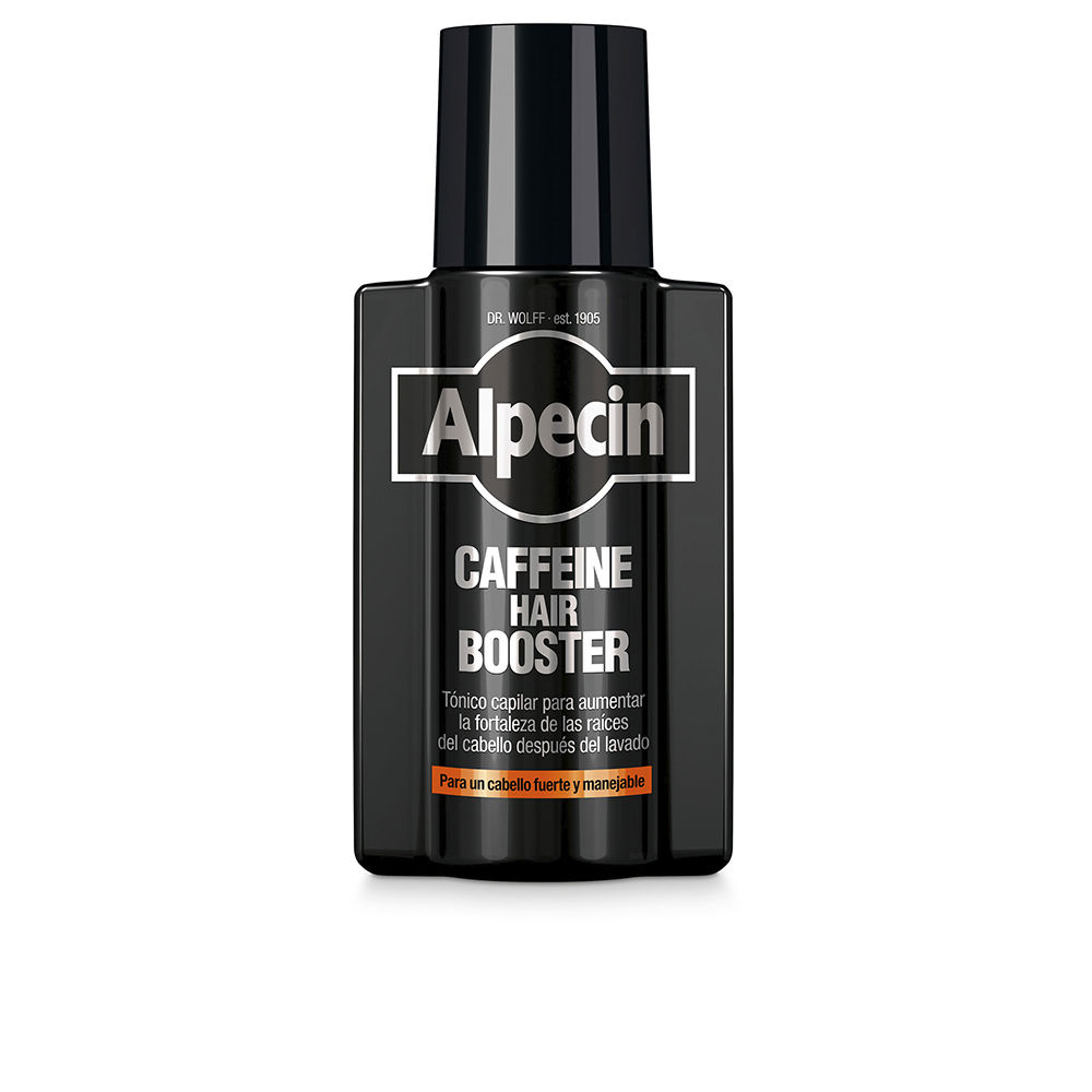 Bottle  of  Alpecin  Caffeine  Hair  Booster  Tonic  by  Alpecin,  a  hair  tonic  indicated  for  strengthening  hair  roots  and  growth.