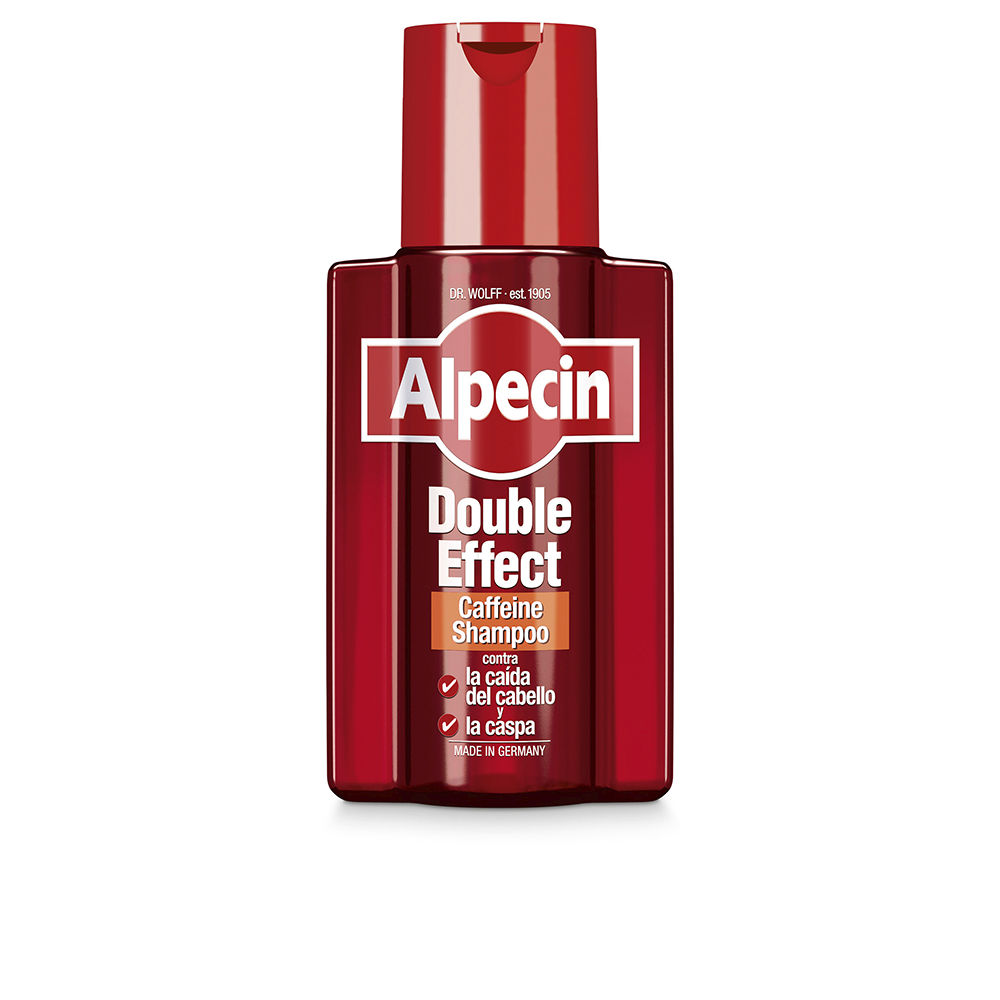 Bottle  of  Alpecin  Double  Effect  Caffeine  Shampoo  by  Alpecin,  a  shampoo  indicated  for  oily  dandruff  and  hair  root  strength.
