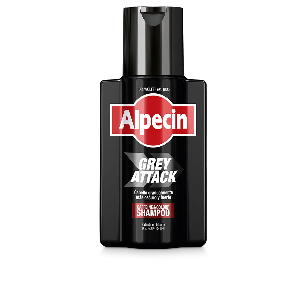 Bottle  of  Alpecin  Grey  Attack  Anti-Hair  Loss  And  Anti-Grey  Hair  Shampoo  by  Alpecin,  a  shampoo  indicated  for  reducing  grey  hair.
