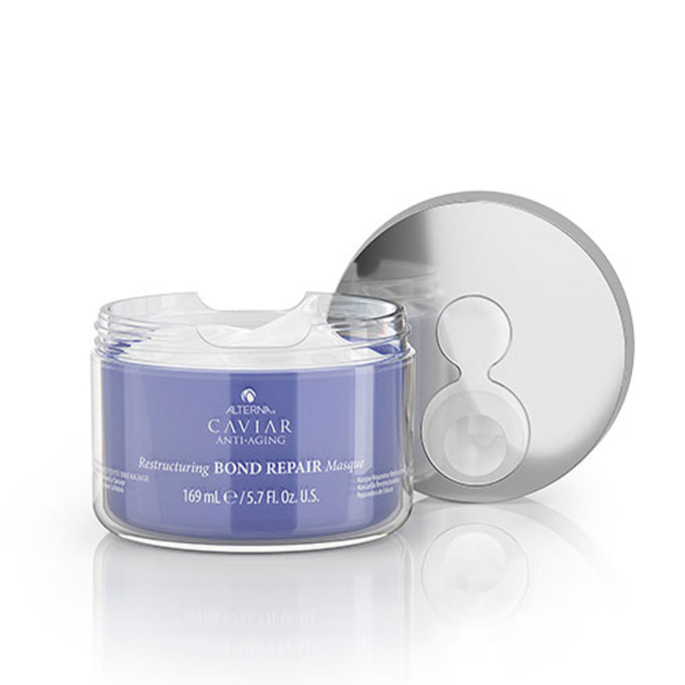 Jar  of  Alterna  Caviar  Restructuring  Bond  Repair  Masque  by  Alterna,  a  hair  mask  indicated  for  repairing  split  ends.