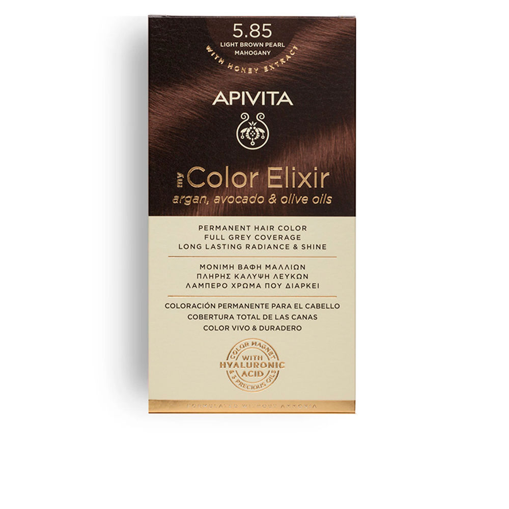 Box  of  Apivita  My  Color  Elixir  Permanent  Hair  Color  5.85  Light  Brown  Pearl  Mahogany,  a  hair  dye  for  natural  and  vibrant  color.