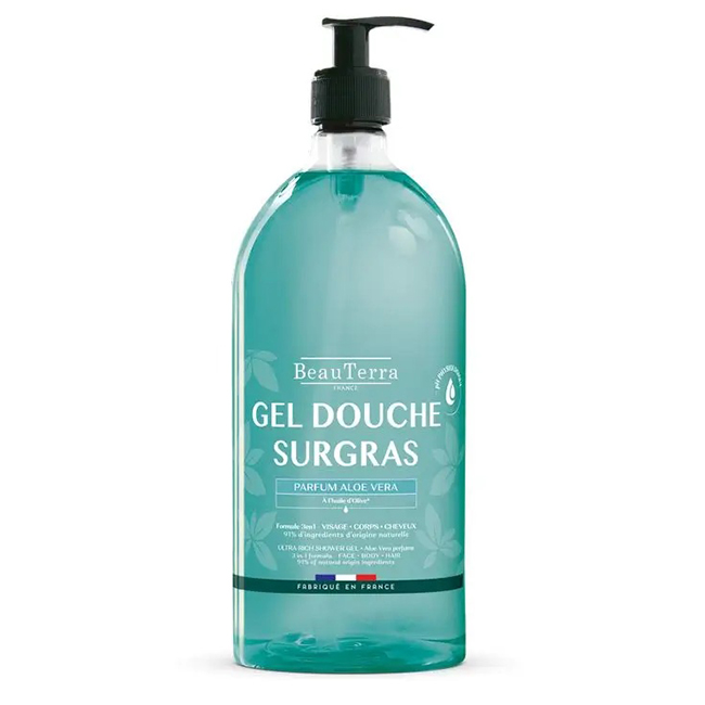 Bottle  of  Beauterra  Aloe  Vera  Shower  Gel,  a  2-in-1  cleansing  gel  indicated  for  nourishing  the  body  and  hair.