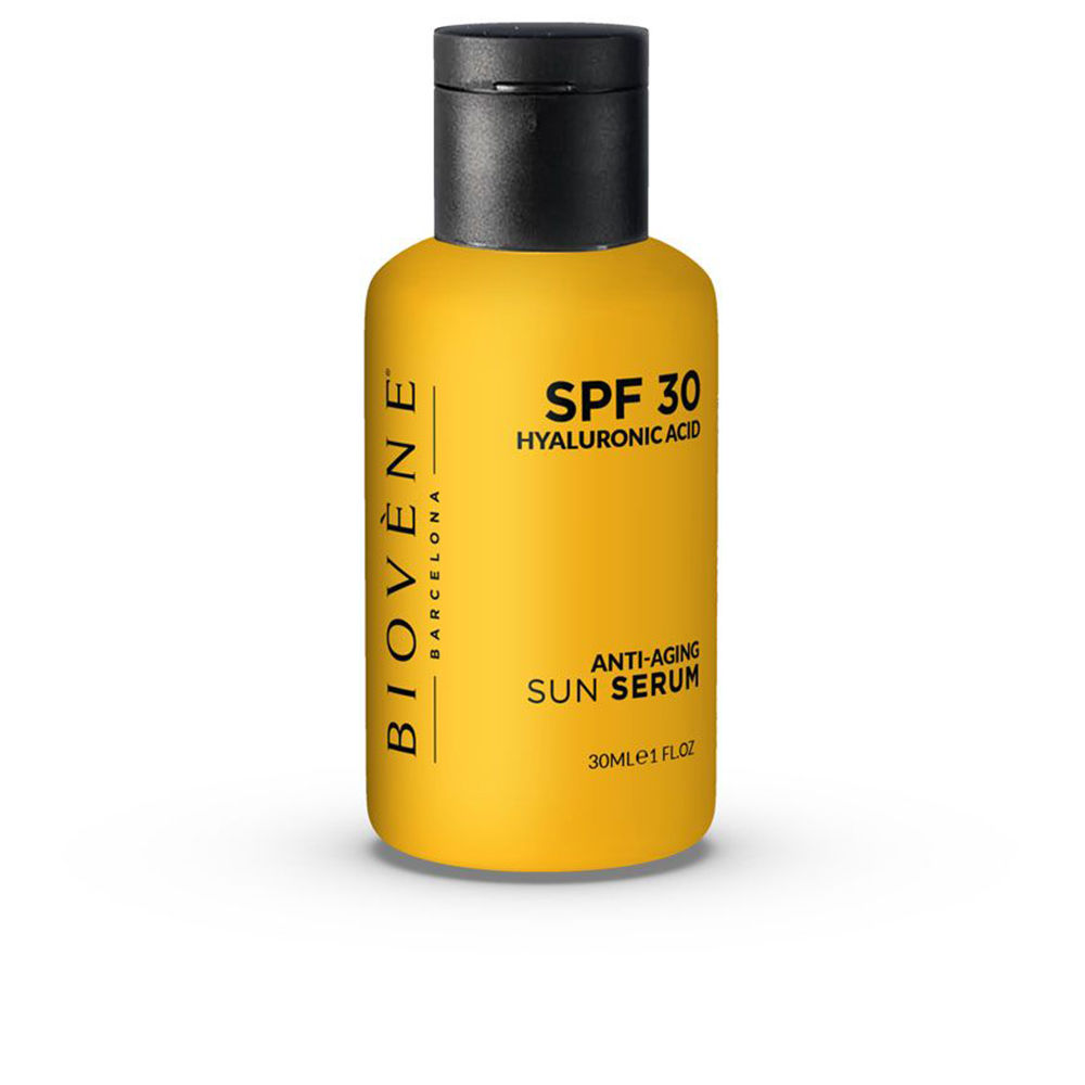 Bottle  of  Biovène  Hyaluronic  Anti-Aging  Sun  Serum  SPF30  by  Biovène,  a  serum  indicated  for  UV  protection  and  hydration.