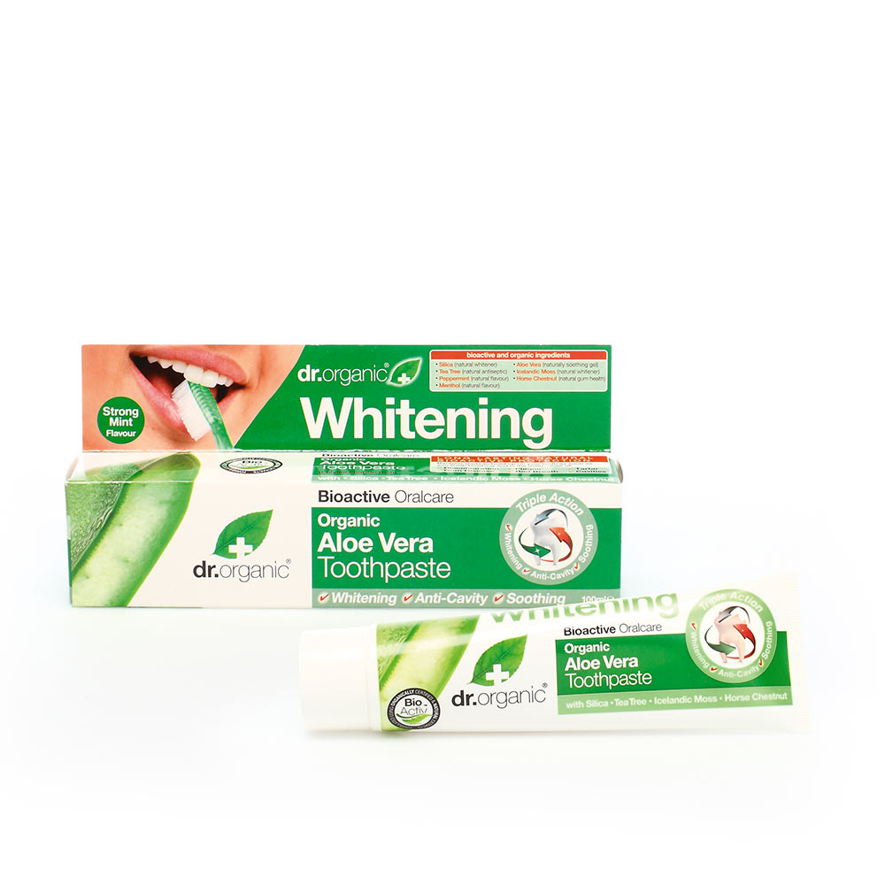 Tube  of  Dr.  Organic  Aloe  Vera  Toothpaste  by  Dr.  Organic,  a  gel  toothpaste  indicated  for  whitening  teeth  and  soothing  the  gums.