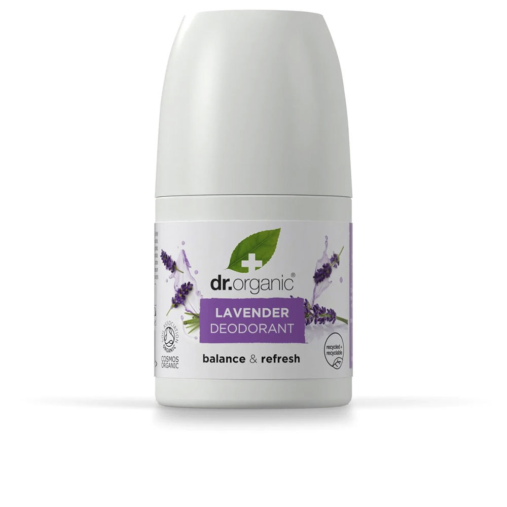 Bottle  of  Dr.  Organic  Lavender  Roll-On  Deodorant  by  Dr.  Organic,  a  roll-on  deodorant  indicated  for  neutralizing  odors  and  soothing  underarms.