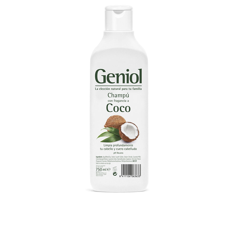 Bottle  of  Geniol  Coconut  Shampoo  by  Geniol,  a  moisturizing  shampoo  indicated  for  providing  hair  strength  and  shine.