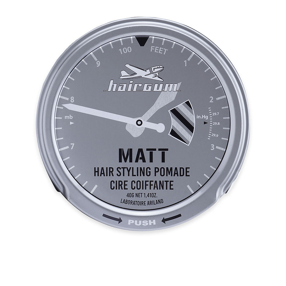 HairgumMattHairStylingPomade40g Product container of Hairgum Matt Hair Styling Pomade by Hairgum, a styling wax indicated for creating structured matte hairstyles.