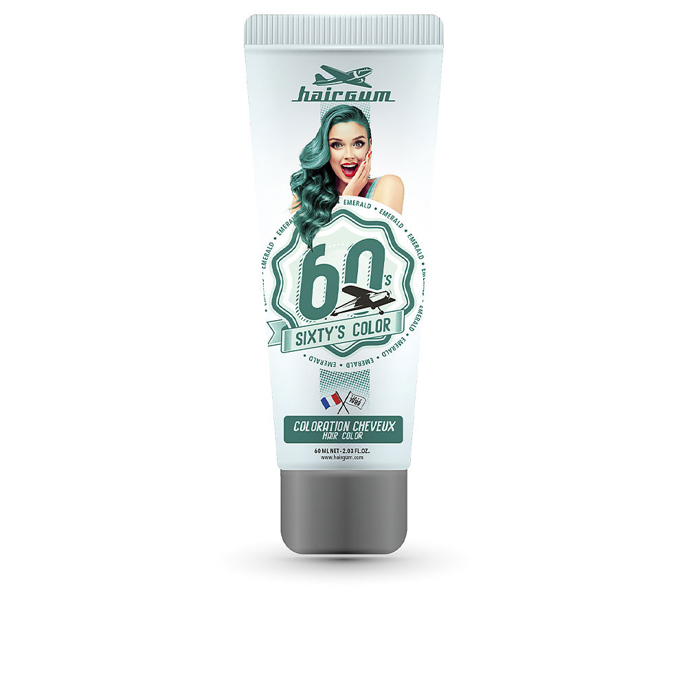 Product  container  of  Hairgum  Sixty  S  Color  Hair  Color  Emerald  by  Hairgum,  a  semi-permanent  hair  color  for  shine  and  suppleness.
