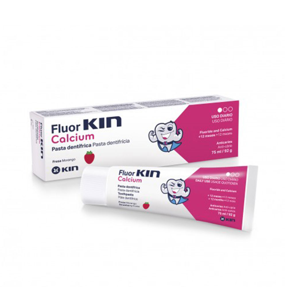 Tube  of  Kin  Fluorkin  Calcium  Toothpaste  by  Kin,  a  toothpaste  indicated  for  preventing  cavities  in  children  over  5  years.