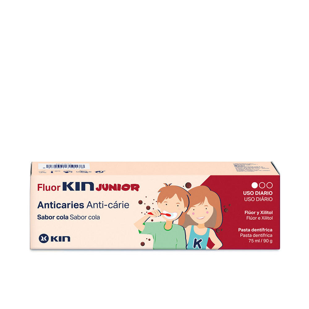 Tube  of  Kin  Fluorkin  Junior  Toothpaste  Cola  Flavor  by  Kin,  a  toothpaste  indicated  for  preventing  cavities  in  children.