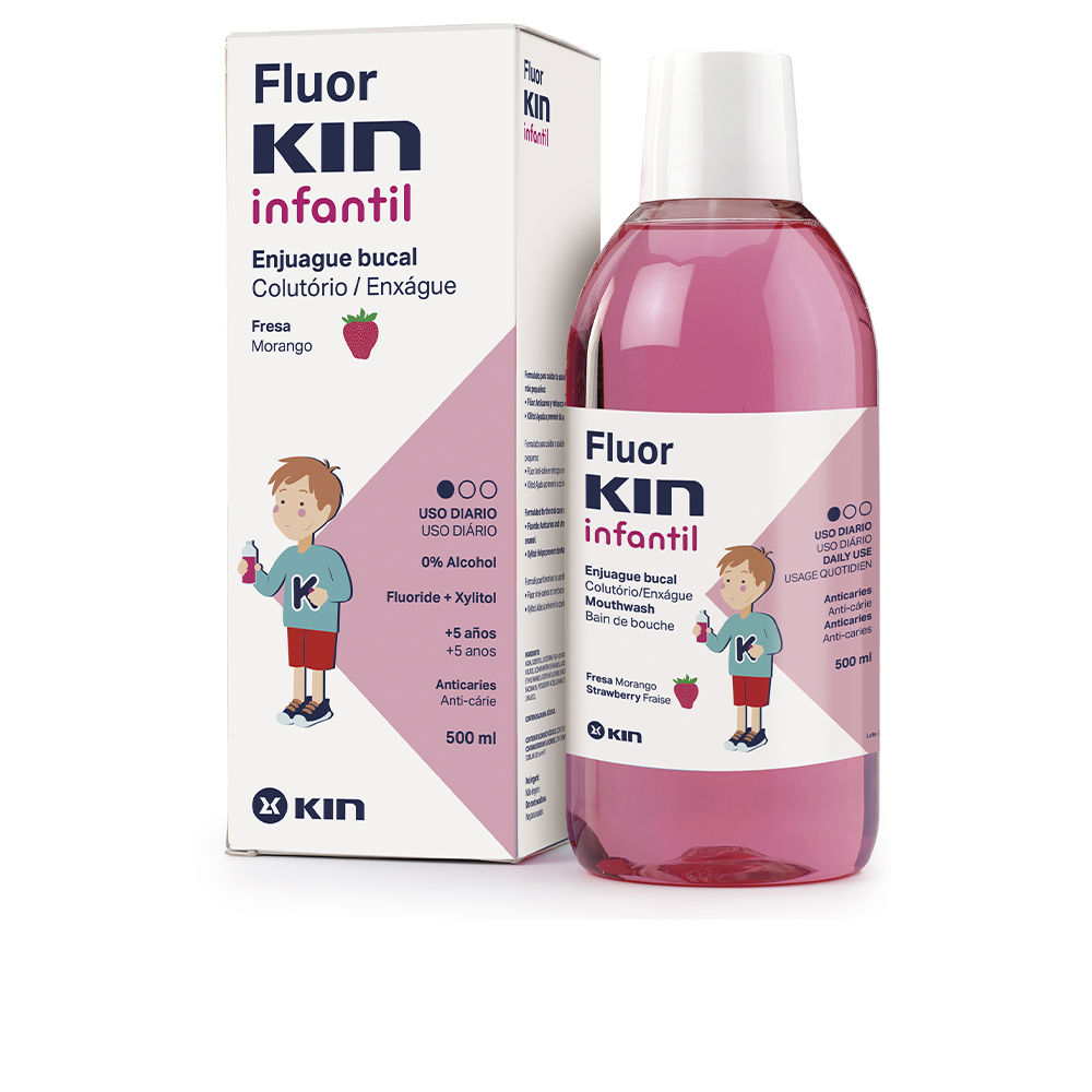 Bottle  of  Kin  Fluorkin  Kids  Mouthwash  Strawberry  Flavor  by  Kin,  a  mouthwash  indicated  for  preventing  tooth  decay  in  children.