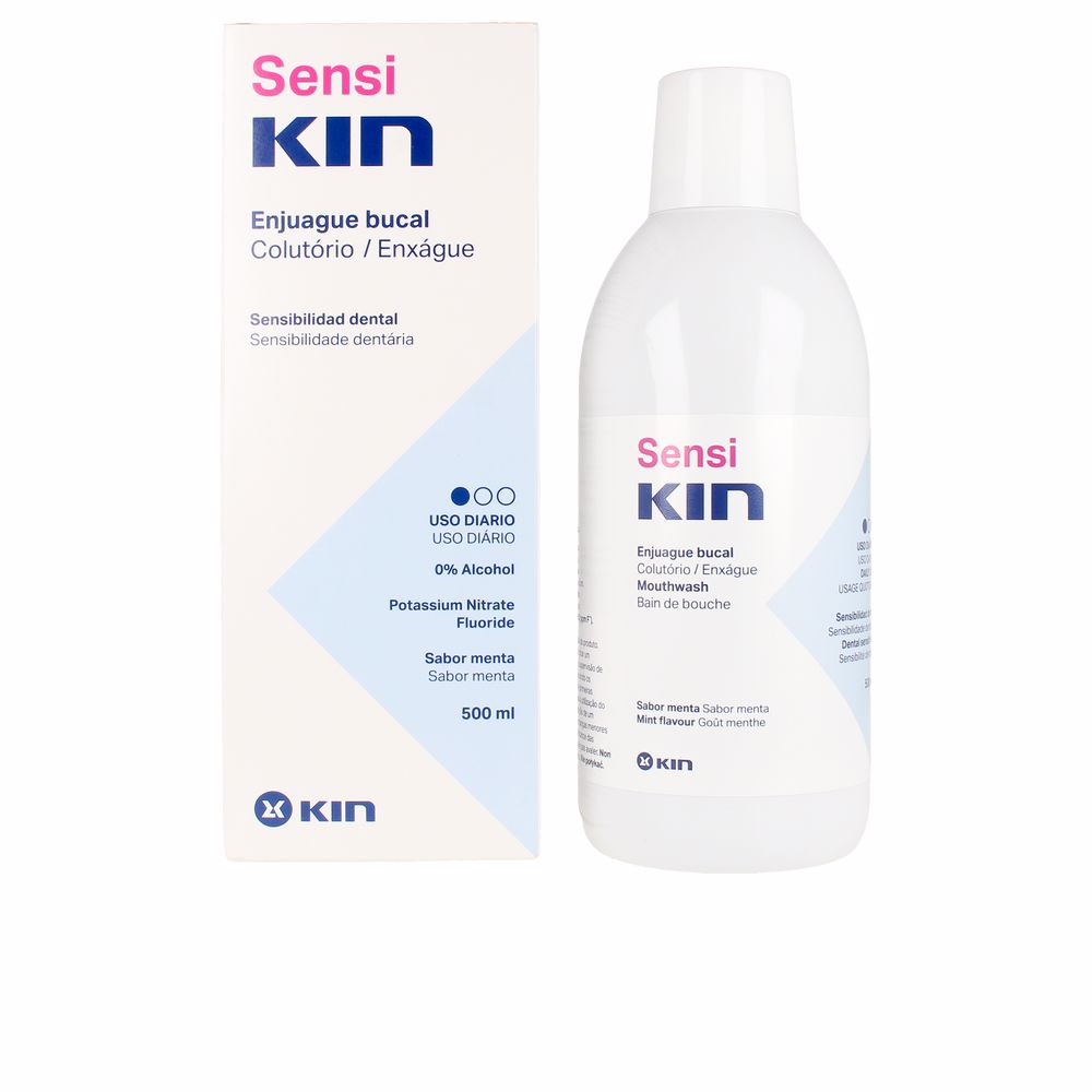 Bottle  of  Kin  Sensikin  Mouthwash  by  Kin,  a  liquid  mouthwash  indicated  for  reducing  discomfort  from  dental  sensitivity.