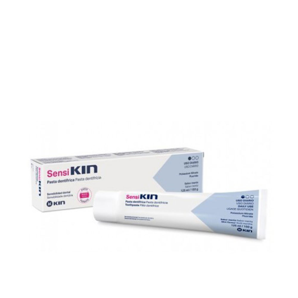 Tube  of  Kin  Sensikin  Toothpaste  by  Kin,  a  toothpaste  indicated  for  oral  hygiene  in  cases  of  dental  sensitivity.