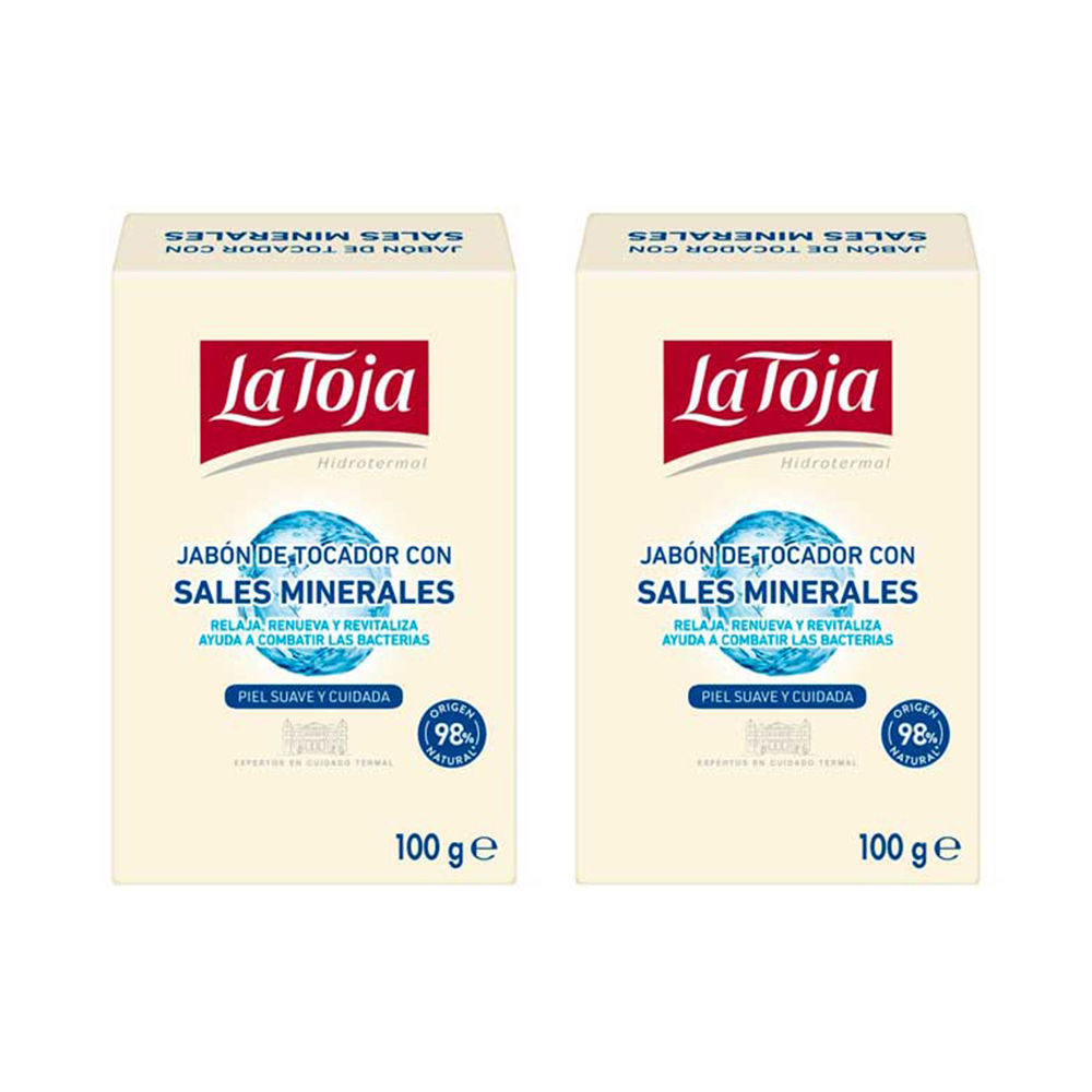 LaTojaHydrothermalHandSoapDuo2x100g Product container of Hydrothermal Hand Soap by La Toja, a mineral salt soap indicated for cleansing and skin revitalization.