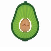 Product  container  of  Nûby  Avocado  Teether  by  Nûby,  a  silicone  and  wood  teether  indicated  for  soothing  baby  gums.