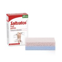 Product  container  of  Saltratos  Pumice  Stone  by  Saltratos,  a  porous  glass  tool  indicated  for  removing  calluses  and  dead  skin.