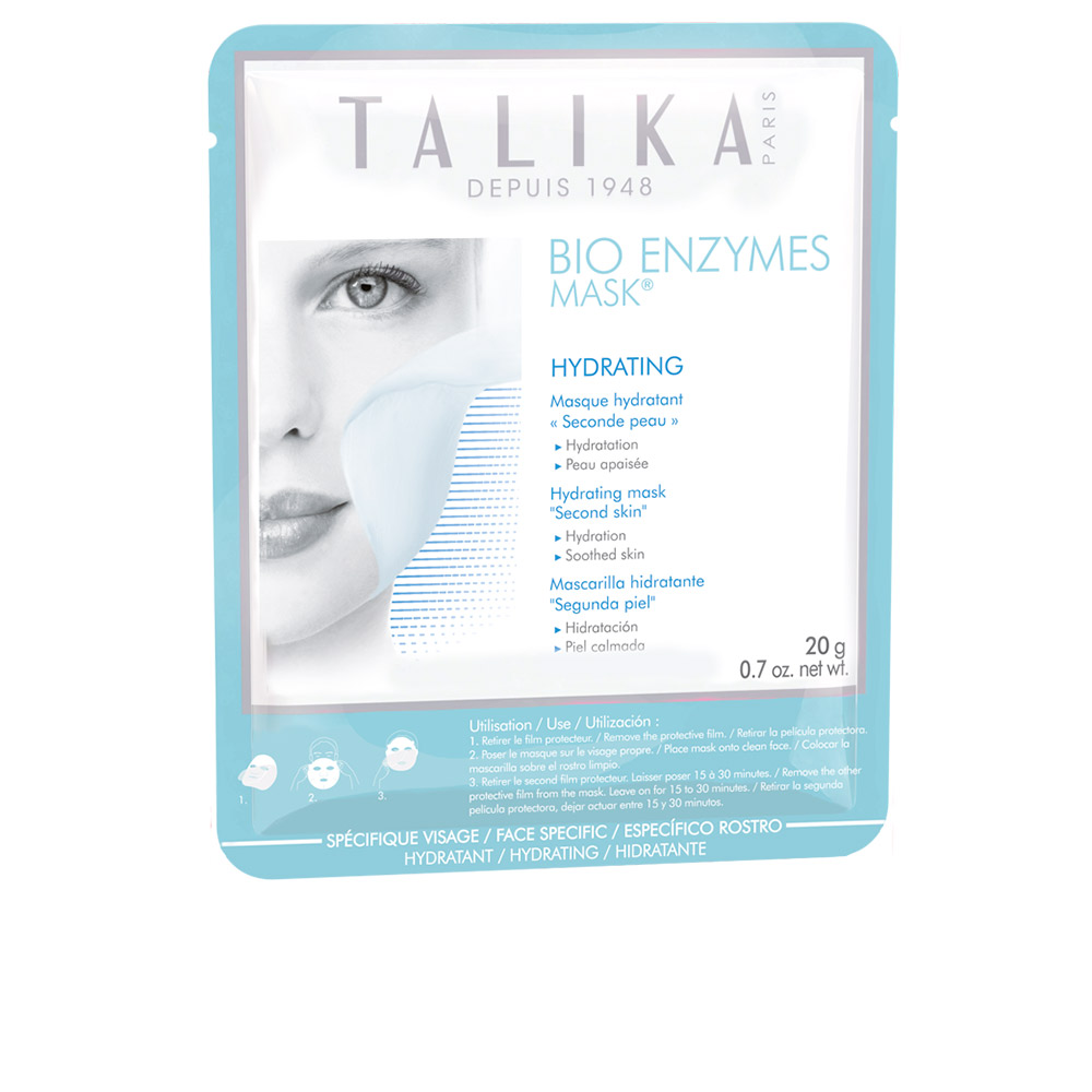 TalikaBioEnzymesHydratingMask20g Sachet of Talika Bio Enzymes Hydrating Mask by Talika, a bio cellulose mask indicated for deeply hydrating and plumping skin.