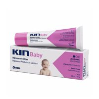 Tube  of  Kin  Baby  Gum  Balm  Strawberry  Flavor  30ml  by  Kin,  a  balm  indicated  for  relieving  discomfort  from  first  tooth  eruption.