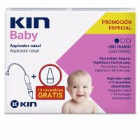 Product  container  of  Kin  Baby  Nasal  Aspirator  with  13  Disposable  Refills  by  Kin,  a  device  indicated  for  removing  baby  nasal  mucus.