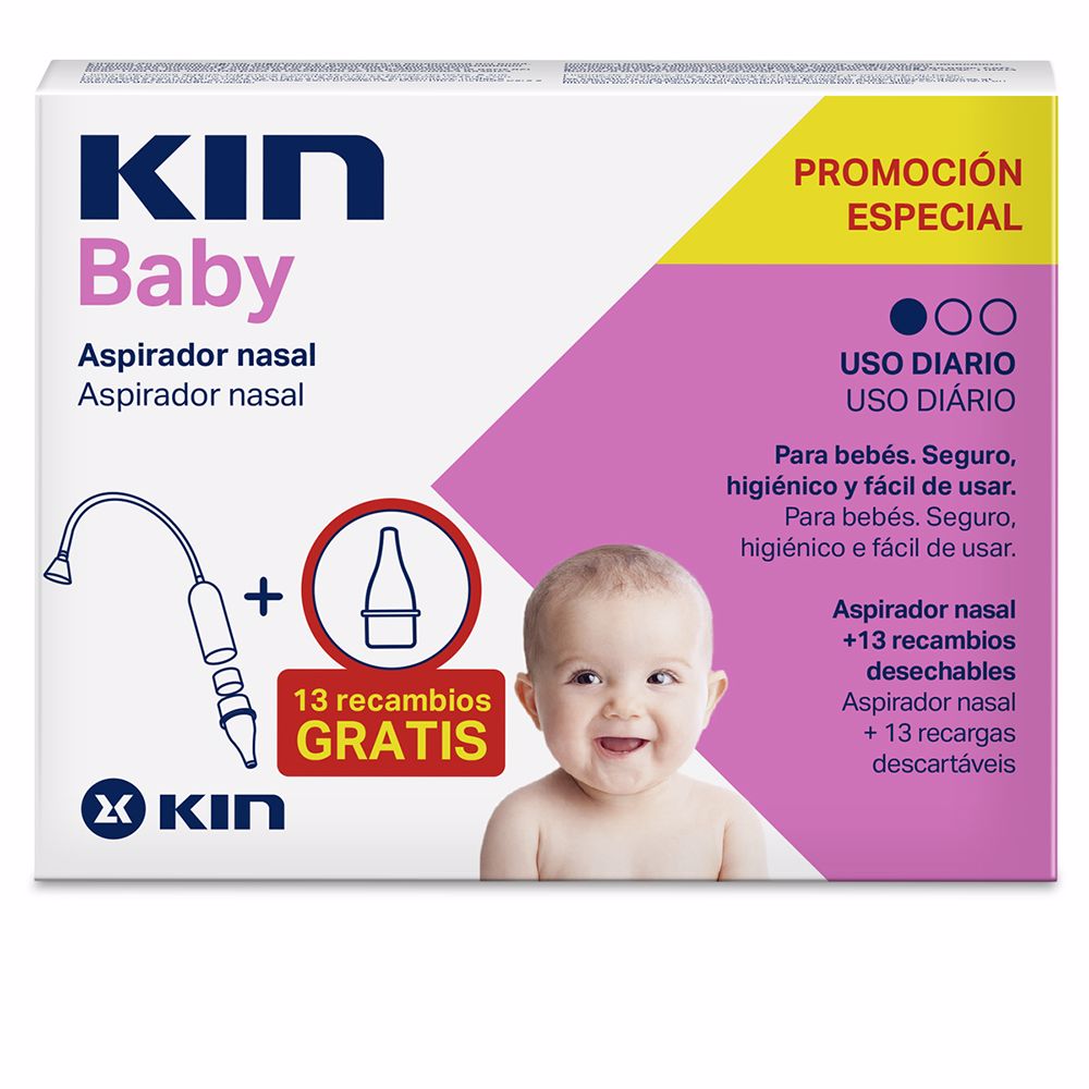 KinBabyNasalAspiratorwith13DisposableRefills Product container of Kin Baby Nasal Aspirator with 13 Disposable Refills by Kin, a device indicated for removing baby nasal mucus.