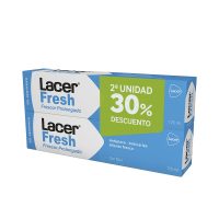 Tube  of  Lacer  Lacerfresh  Toothpaste  Duo  by  Lacer,  a  toothpaste  indicated  for  total  mouth  protection  and  fresh  breath.