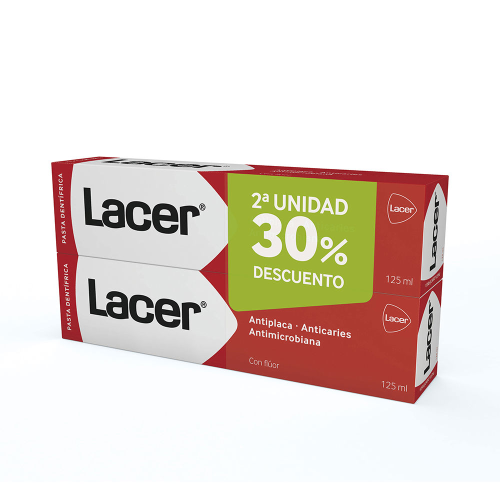 LacerToothpasteDuo2x125ml Tube of Lacer Toothpaste Duo by Lacer, a toothpaste indicated for strengthening enamel and preventing tooth decay.