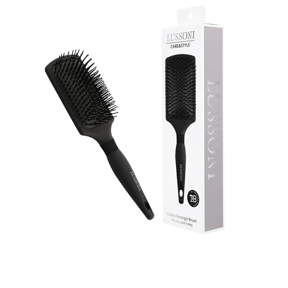 LussoniCare&StylePaddleDetanglingBrush Product container of Lussoni Care & Style Paddle Detangling Brush by Lussoni, a paddle brush indicated for gentle hair detangling.