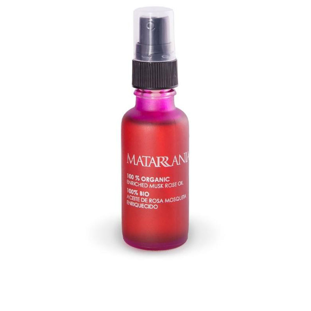 Matarrania100%BioEnrichedMuskRoseOil30ml Bottle of 100% Bio Enriched Musk Rose Oil by Matarrania, a skin oil indicated for attenuating spots and preventing wrinkles.