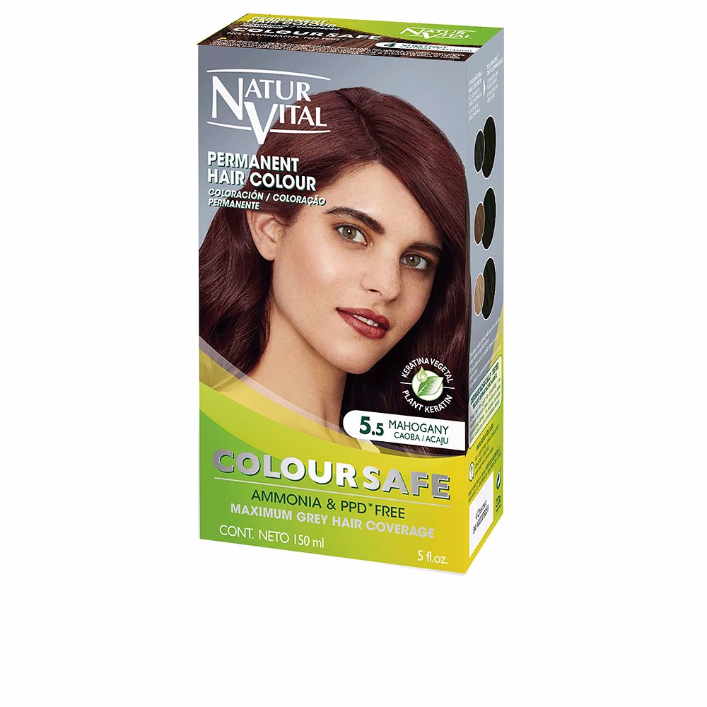 NaturVitalColourSafePermanentHairColor5.5Mahogany Box of Natur Vital Colour Safe Permanent Hair Color by Natur Vital, a hair color indicated for covering 100% of gray hair.