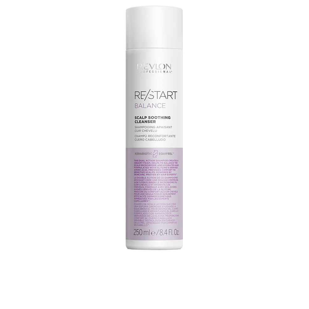 RevlonRe-StartBalanceScalpSoothingCleanser250ml Bottle of Revlon Re-Start Balance Scalp Soothing Cleanser by Revlon, a shampoo indicated for sensitive scalp microbiome balance.