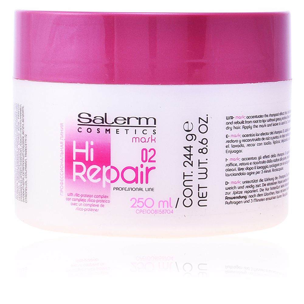 SalermHiRepairMask02250ml Jar of Salerm Hi Repair Mask 02 by Salerm, a hair mask indicated for rejuvenating and repairing damaged hair.