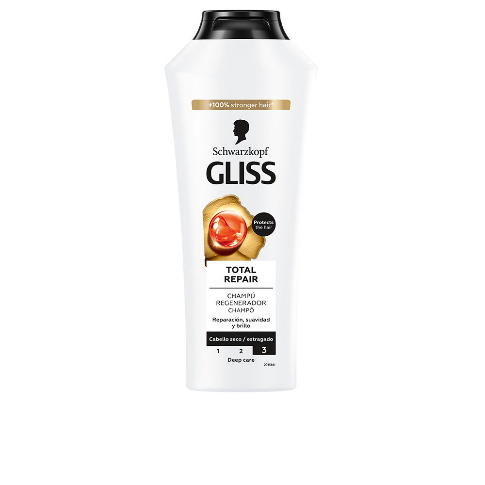 SchwarzkopfGlissTotalRepairShampoo400ml Bottle of Schwarzkopf Gliss Total Repair Shampoo by Schwarzkopf, a nourishing shampoo indicated for repairing damage.