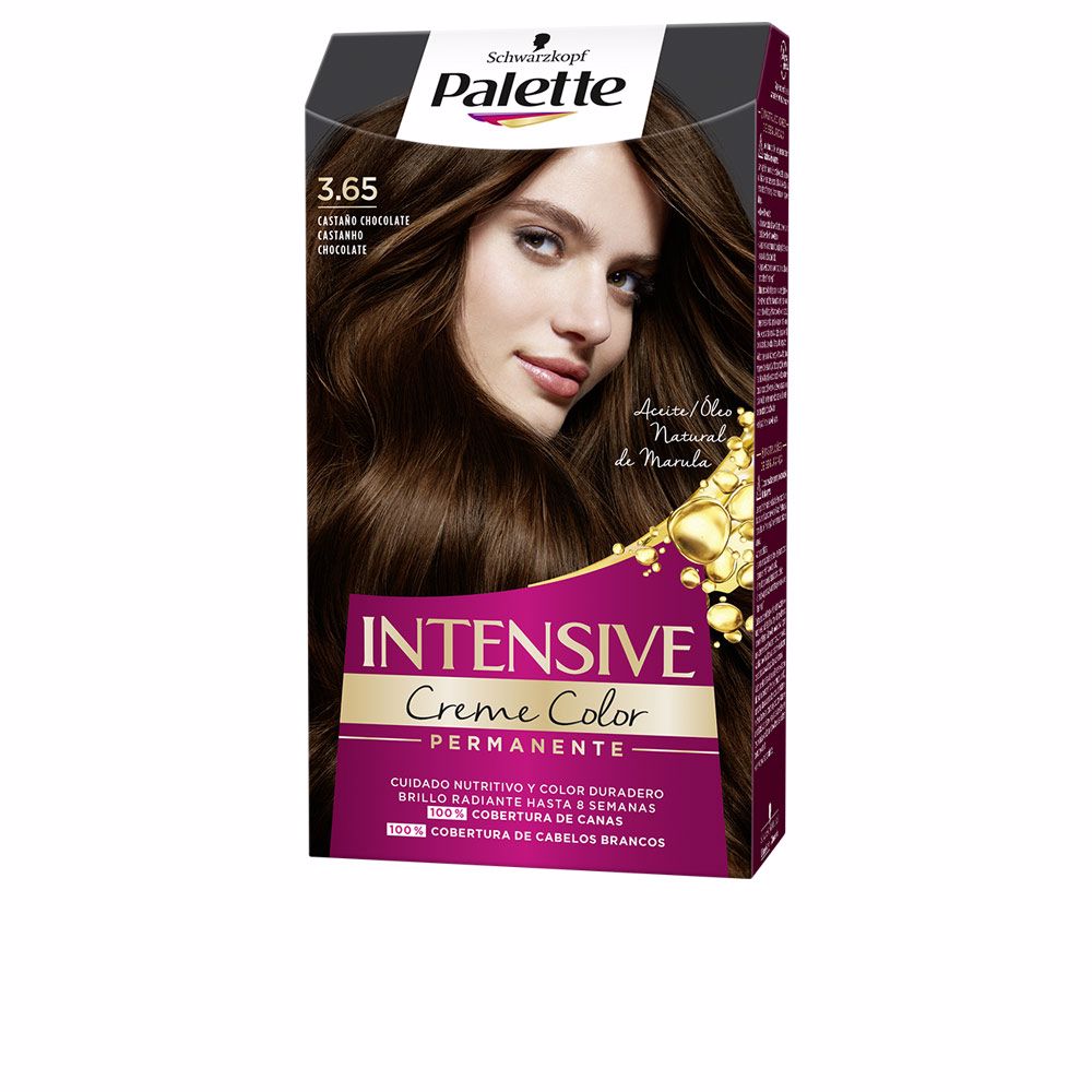 SchwarzkopfPaletteIntensiveCremePermanentColor3.65ChocolateBrown Box of Palette Intensive Creme Permanent Color 3.65 Chocolate Brown by Schwarzkopf, a hair color indicated for gray coverage.