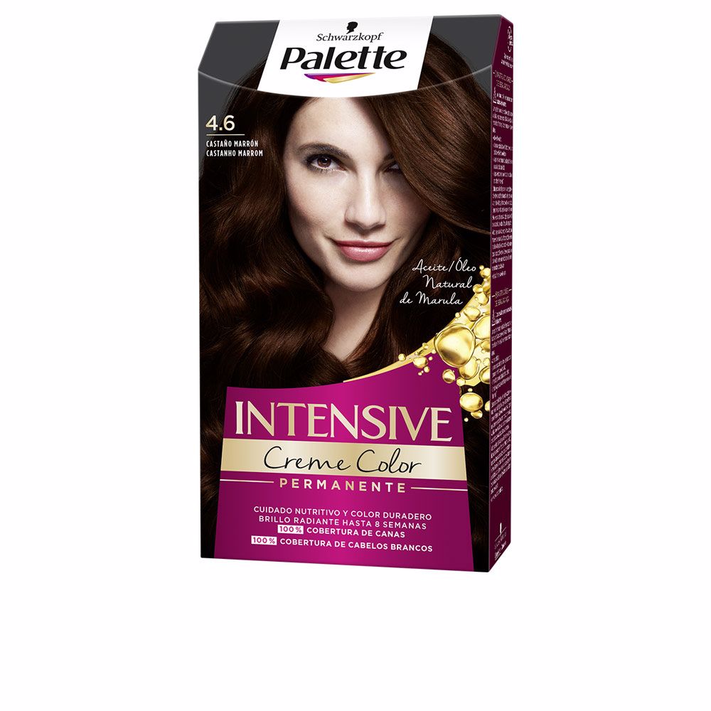 SchwarzkopfPaletteIntensiveCremePermanentColor4.6BrownChestnut Box of Palette Intensive Creme Permanent Color 4.6 Brown Chestnut by Schwarzkopf, a hair color indicated for gray coverage.